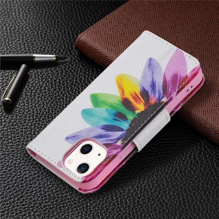Premium PU Leder Lustige Muster Druck Flip Wallet Stand Case Cover Für IPhone 13 Mini 5,4 Zoll - Sonnenblume