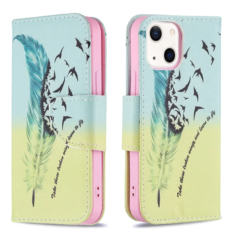 Premium PU Leather Funny Pattern Printing Flip Wallet Stand Case Cover for iPhone 13 mini 5.4 inch - Feather and Birds