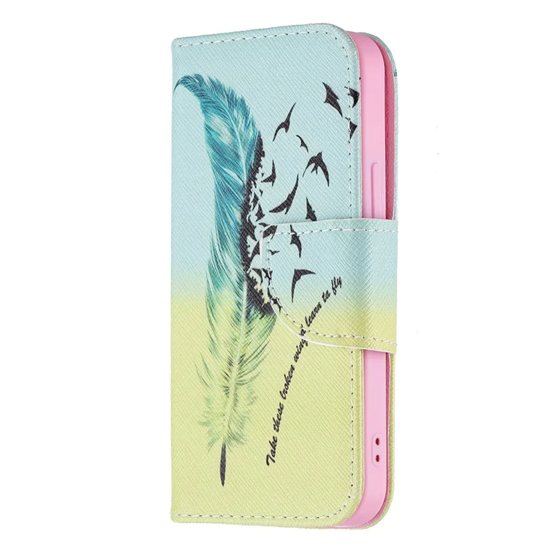 Premium PU Leather Funny Pattern Printing Flip Wallet Stand Case Cover for iPhone 13 mini 5.4 inch - Feather and Birds