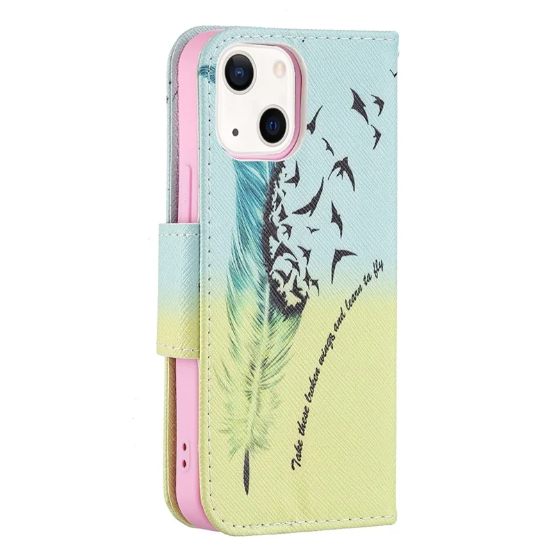 Premium PU Leather Funny Pattern Printing Flip Wallet Stand Case Cover for iPhone 13 mini 5.4 inch - Feather and Birds