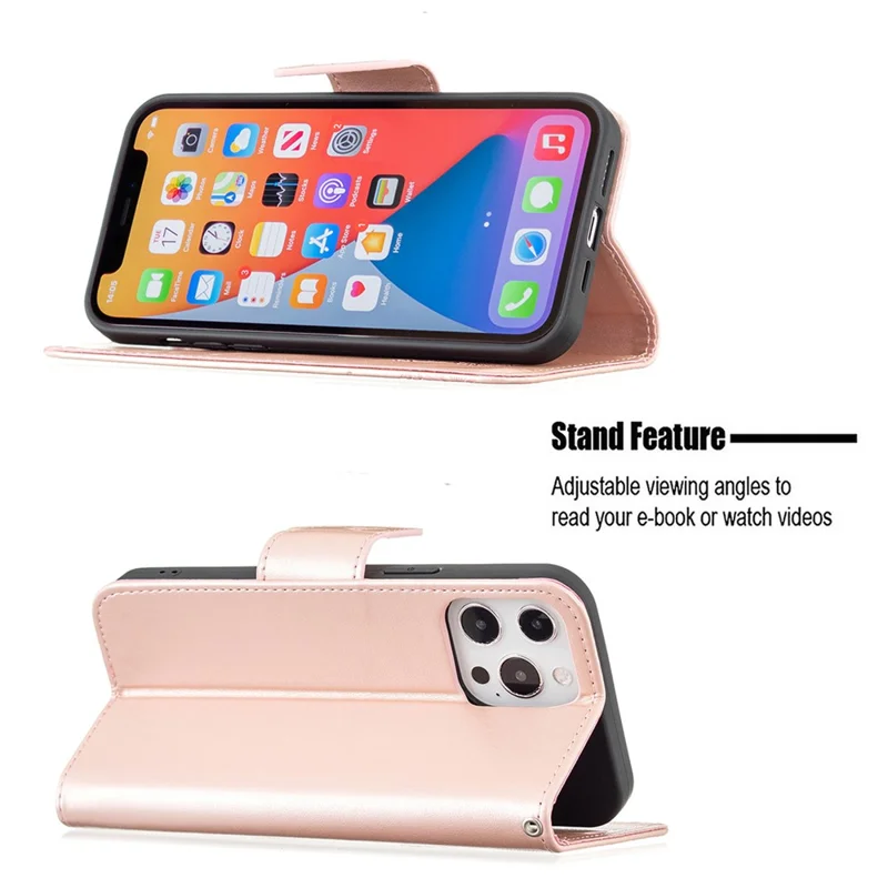 Magnetisk PU-læder wallet stand med trykt sommerfugledekor beskyttelsesdæksel med bæresnor til iPhone 13 Pro 6,1 tommer - Guld