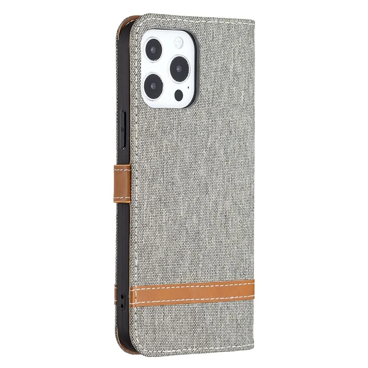 Color Splicing Jeans Cloth Coated PU Leather Phone Case Cover with Wallet Stand for iPhone 13 Pro - Grey