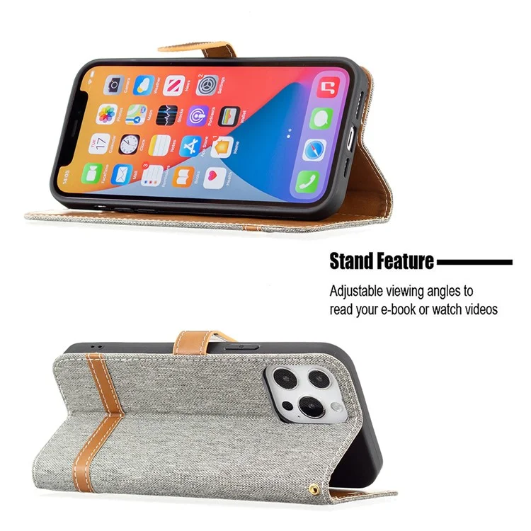 Color Splicing Jeans Cloth Coated PU Leather Phone Case Cover with Wallet Stand for iPhone 13 Pro - Grey