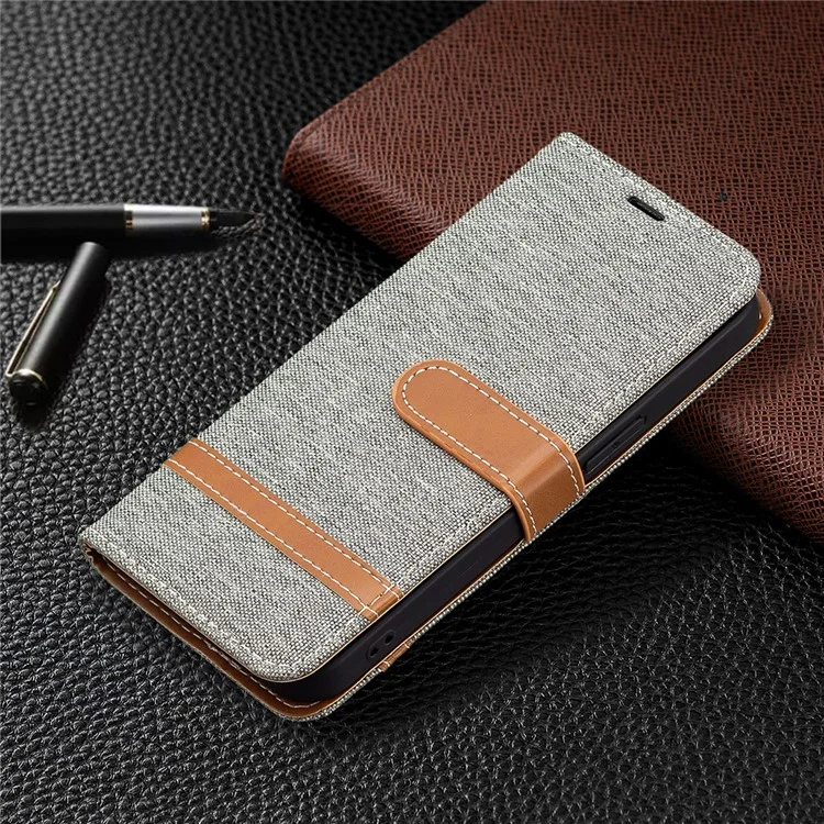 Color Splicing Jeans Cloth Coated PU Leather Phone Case Cover with Wallet Stand for iPhone 13 Pro - Grey