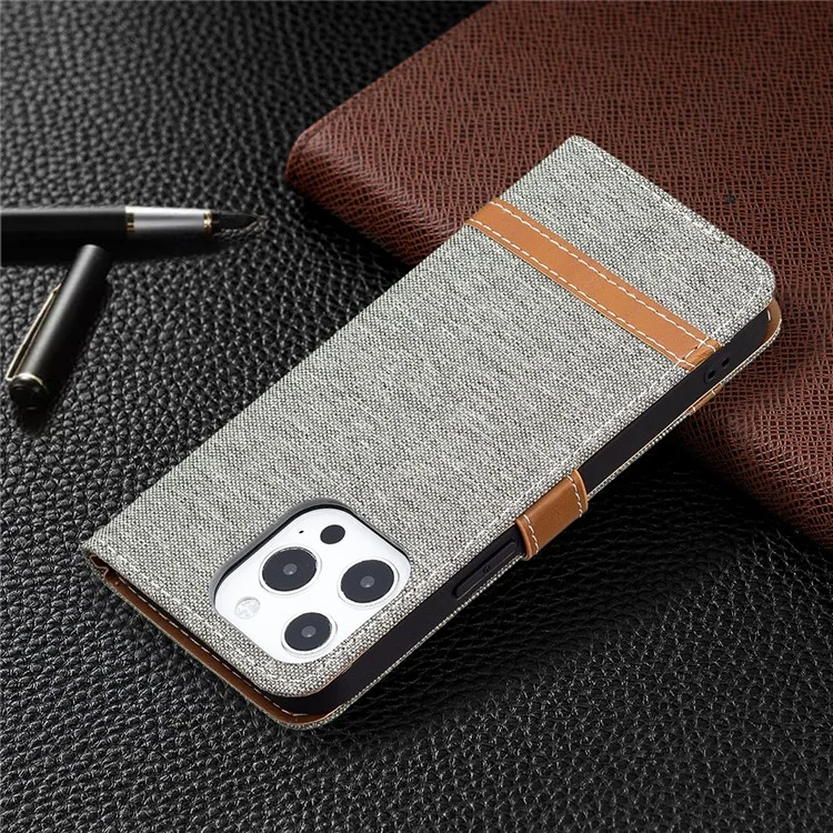 Color Splicing Jeans Cloth Coated PU Leather Phone Case Cover with Wallet Stand for iPhone 13 Pro - Grey