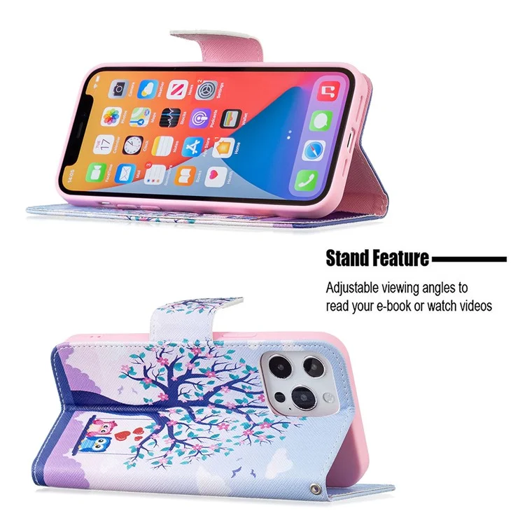 PU Leather Wallet Pattern Printing Stand Feature Magnetic Flip Cover for iPhone 13 Pro 6.1 inch - Tree and Owls