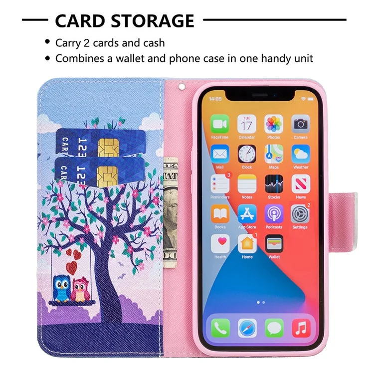PU Leather Wallet Pattern Printing Stand Feature Magnetic Flip Cover for iPhone 13 Pro 6.1 inch - Tree and Owls