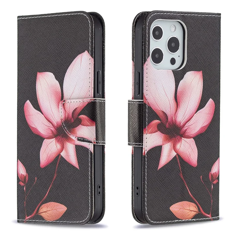 PU Leather Wallet Pattern Printing Stand Feature Magnetic Flip Cover for iPhone 13 Pro 6.1 inch - Lotus