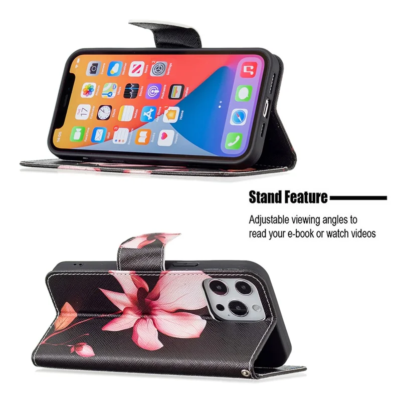 PU Leather Wallet Pattern Printing Stand Feature Magnetic Flip Cover for iPhone 13 Pro 6.1 inch - Lotus