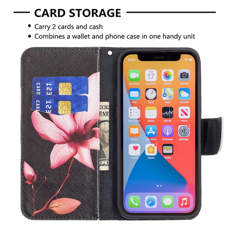 PU Leather Wallet Pattern Printing Stand Feature Magnetic Flip Cover for iPhone 13 Pro 6.1 inch - Lotus
