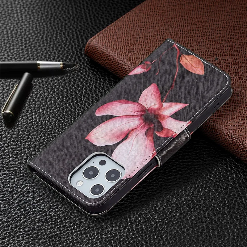 PU Leather Wallet Pattern Printing Stand Feature Magnetic Flip Cover for iPhone 13 Pro 6.1 inch - Lotus