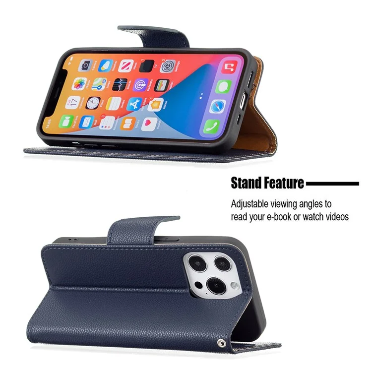 Copertura Completa Cover Litchi Closure Magnetic Closure Wallet Custodia Per Iphone 13 Pro - Blu Scuro