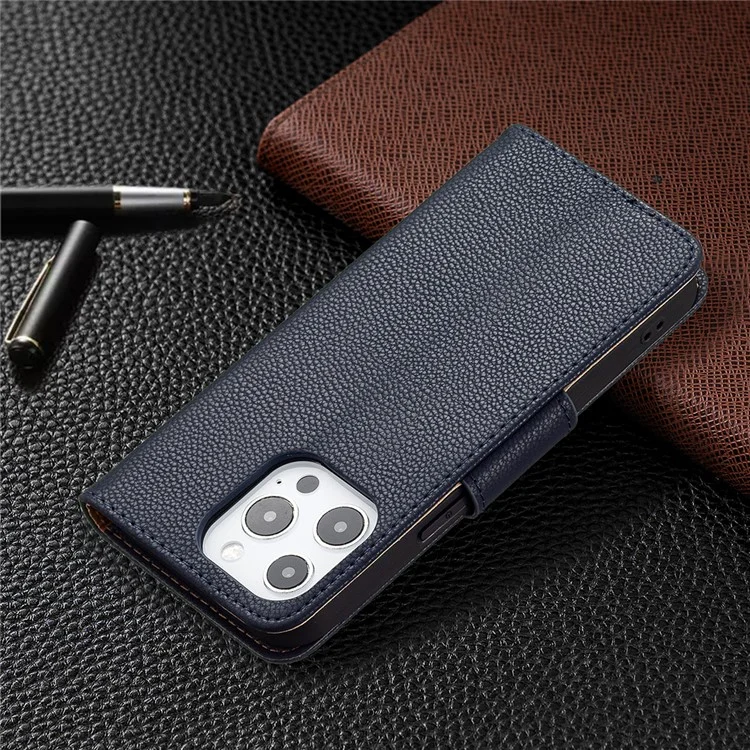 Copertura Completa Cover Litchi Closure Magnetic Closure Wallet Custodia Per Iphone 13 Pro - Blu Scuro