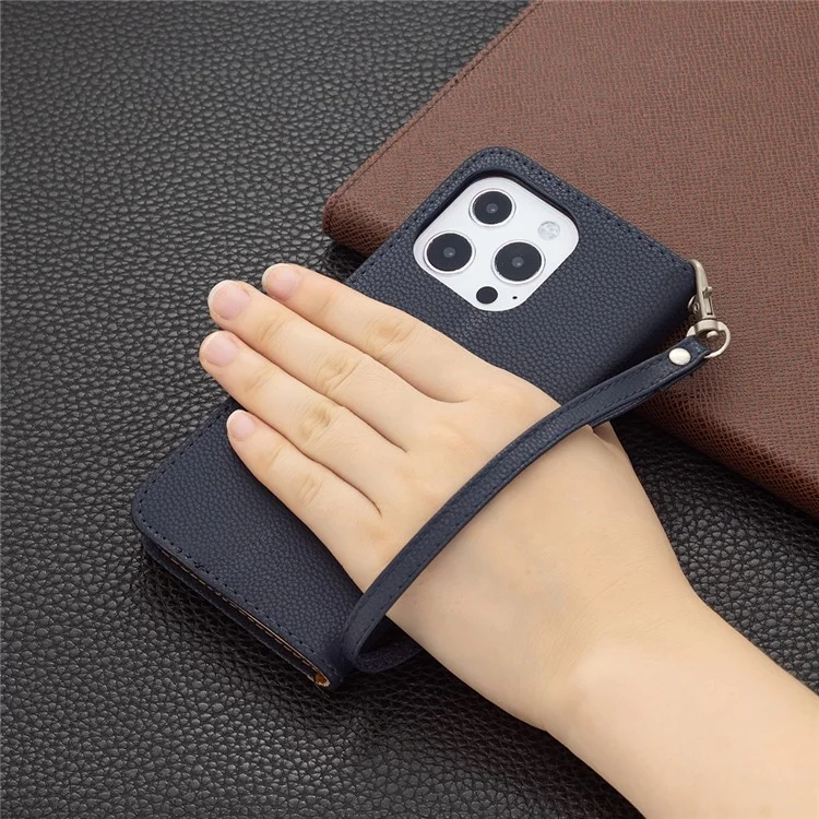 Copertura Completa Cover Litchi Closure Magnetic Closure Wallet Custodia Per Iphone 13 Pro - Blu Scuro