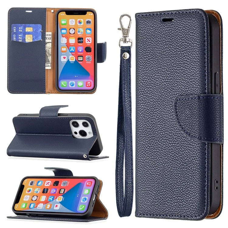 Copertura Completa Cover Litchi Closure Magnetic Closure Wallet Custodia Per Iphone 13 Pro - Blu Scuro