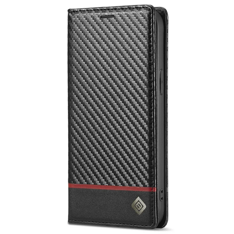 LC.IMEEKE Carbon Fiber Texture Full Protection Leather Stand Wallet Case Shell for iPhone 12 / 12 Pro - Horizontal Red Stripe