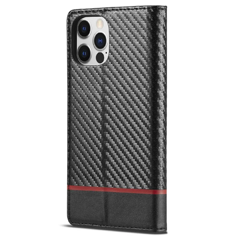 LC.IMEEKE Carbon Fiber Texture Full Protection Leather Stand Wallet Case Shell for iPhone 12 / 12 Pro - Horizontal Red Stripe