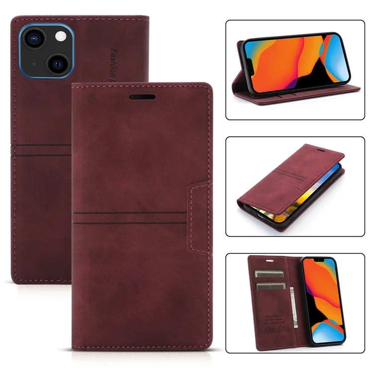 Fantasia Capa de Couro Resistente a Arranhões para Celular Carteira com Absorção Automática para iPhone 13 6.1 polegadas - Vinho Tinto