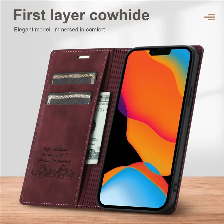 Fantasia Capa de Couro Resistente a Arranhões para Celular Carteira com Absorção Automática para iPhone 13 6.1 polegadas - Vinho Tinto