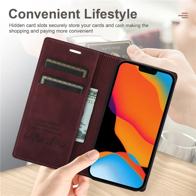 Fantasia Capa de Couro Resistente a Arranhões para Celular Carteira com Absorção Automática para iPhone 13 6.1 polegadas - Vinho Tinto