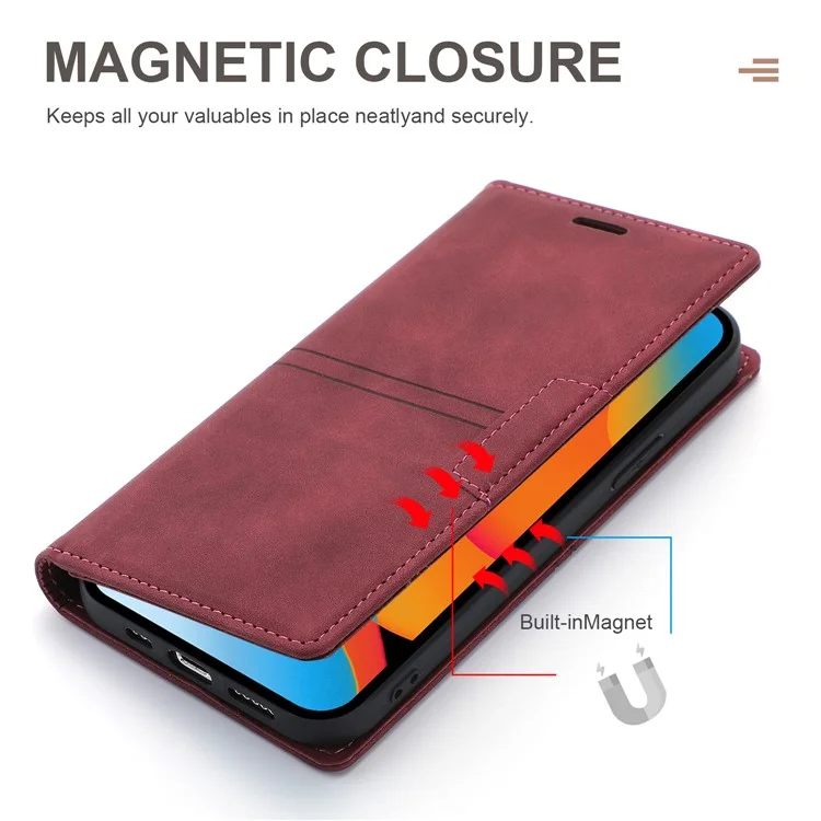 Fantasia Capa de Couro Resistente a Arranhões para Celular Carteira com Absorção Automática para iPhone 13 6.1 polegadas - Vinho Tinto