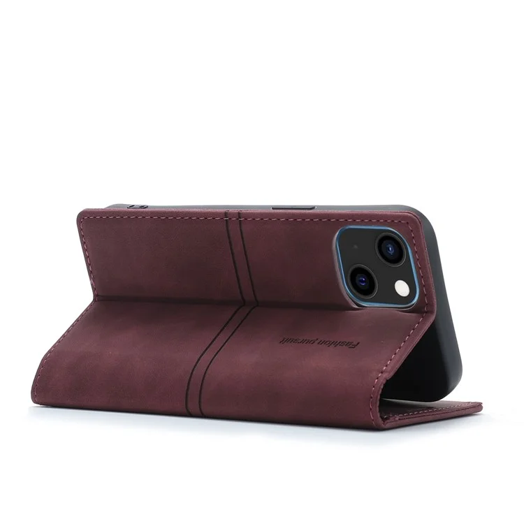 Fantasia Capa de Couro Resistente a Arranhões para Celular Carteira com Absorção Automática para iPhone 13 6.1 polegadas - Vinho Tinto