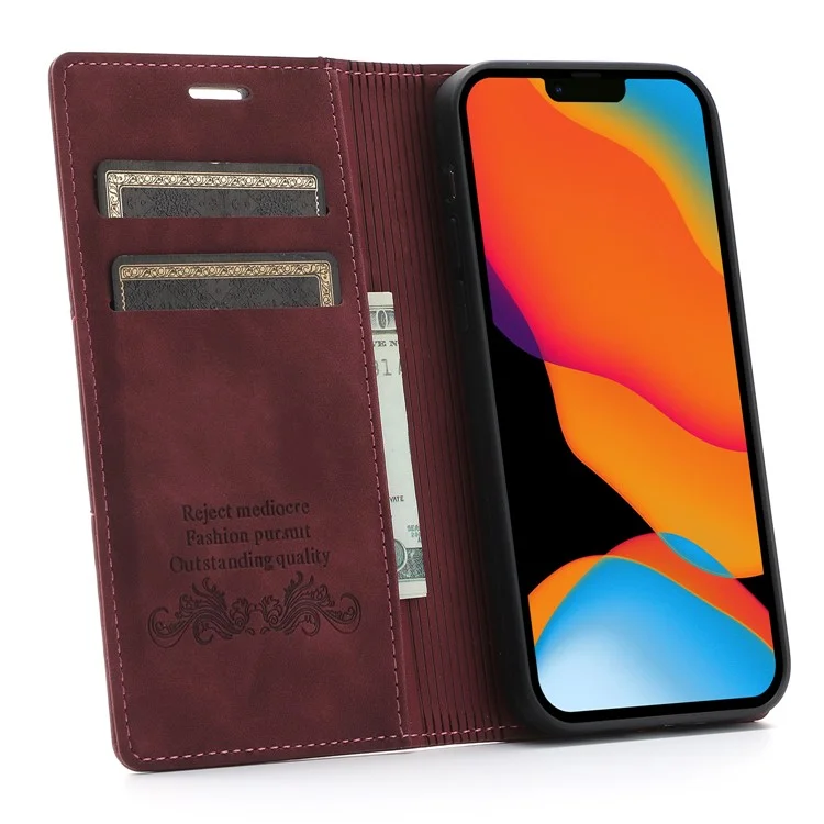 Fantasia Capa de Couro Resistente a Arranhões para Celular Carteira com Absorção Automática para iPhone 13 6.1 polegadas - Vinho Tinto