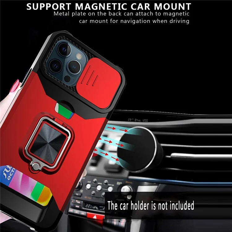 Чехол-слайдер для телефона Camera Slider Hybrid Phone Case Cover 360° Rotary Kickstand Shell with Card Holder для iPhone 12 Pro Max 6.7 дюйма - темно-синий