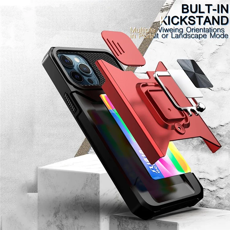 Чехол-слайдер для телефона Camera Slider Hybrid Phone Case Cover 360° Rotary Kickstand Shell with Card Holder для iPhone 12 Pro Max 6.7 дюйма - темно-синий