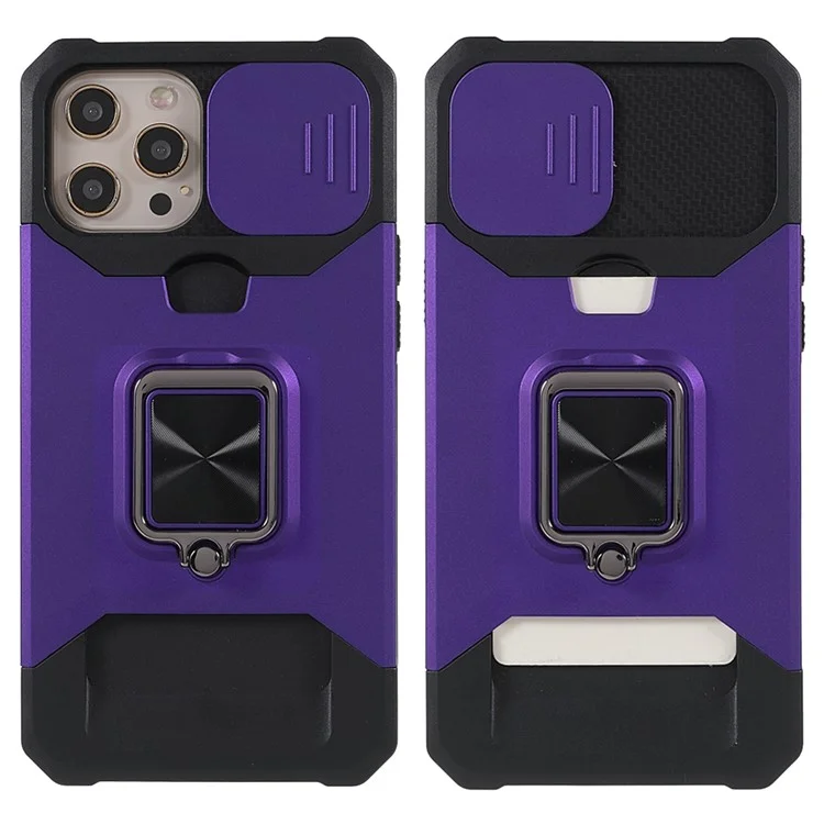 Camera Slider Drop-Resistant Hybrid Phone Case Cover Shell with Card Holder for iPhone 11 Pro 5.8 inch - Purple