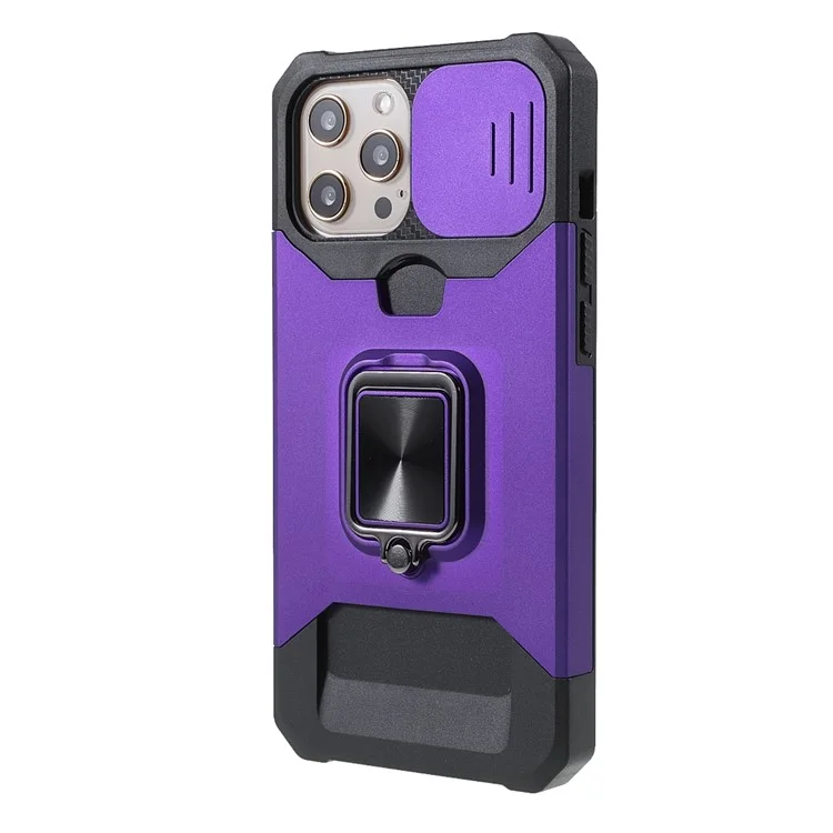 Camera Slider Drop-Resistant Hybrid Phone Case Cover Shell with Card Holder for iPhone 11 Pro 5.8 inch - Purple