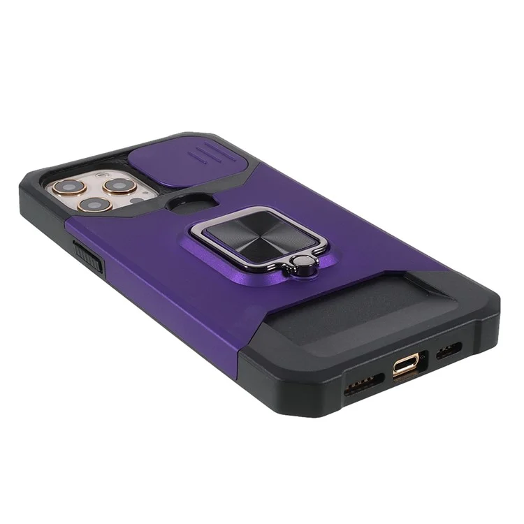 Camera Slider Drop-Resistant Hybrid Phone Case Cover Shell with Card Holder for iPhone 11 Pro 5.8 inch - Purple