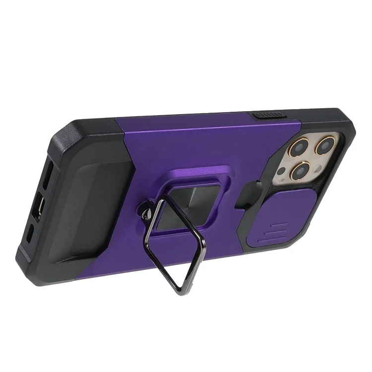 Camera Slider Drop-Resistant Hybrid Phone Case Cover Shell with Card Holder for iPhone 11 Pro 5.8 inch - Purple