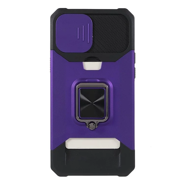 Camera Slider Drop-Resistant Hybrid Phone Case Cover Shell with Card Holder for iPhone 11 Pro 5.8 inch - Purple
