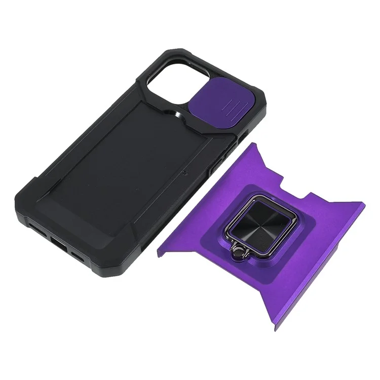 Camera Slider Drop-Resistant Hybrid Phone Case Cover Shell with Card Holder for iPhone 11 Pro 5.8 inch - Purple