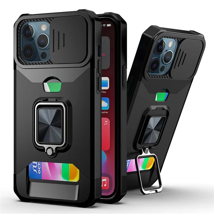 Card Holder Design Hybrid Phone Case Cover Shell with Magnetic Metal Sheet and Removable Lens Shield for iPhone 13 Pro Max 6.7 inch - Black