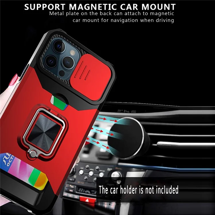 Card Holder Design Hybrid Phone Case Cover Shell with Magnetic Metal Sheet and Removable Lens Shield for iPhone 13 Pro Max 6.7 inch - Red