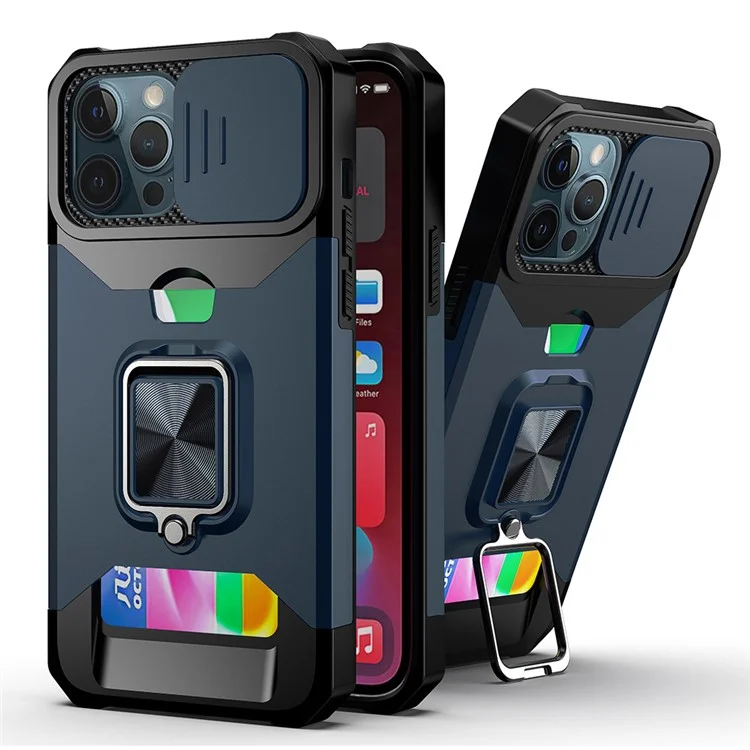 Kartenhalterkonstruktion Hybrid-Handyhülle Cover Schale mit magnetischer Metallplatte und abnehmbarem Linsenabschirmung für iPhone 13 Pro Max 6,7 Zoll - Navy Blau