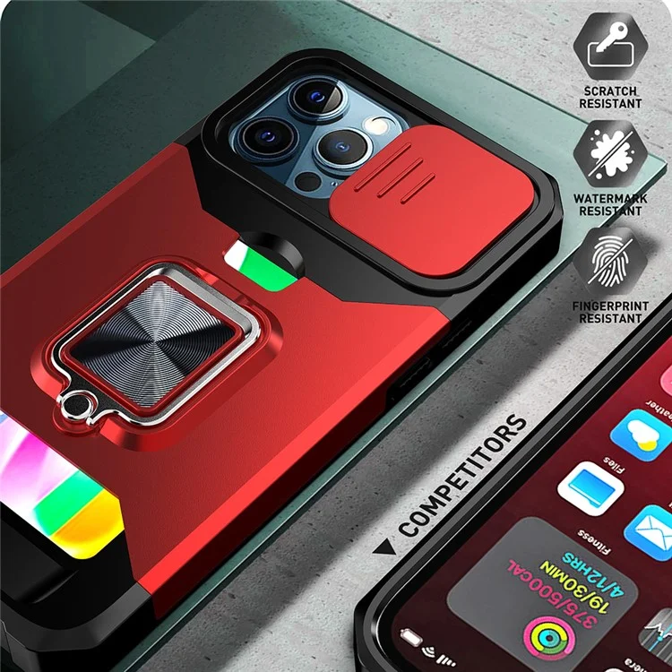 Kartenhalterkonstruktion Hybrid-Handyhülle Cover Schale mit magnetischer Metallplatte und abnehmbarem Linsenabschirmung für iPhone 13 Pro Max 6,7 Zoll - Navy Blau