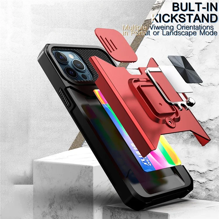 Kartenhalterkonstruktion Hybrid-Handyhülle Cover Schale mit magnetischer Metallplatte und abnehmbarem Linsenabschirmung für iPhone 13 Pro Max 6,7 Zoll - Navy Blau