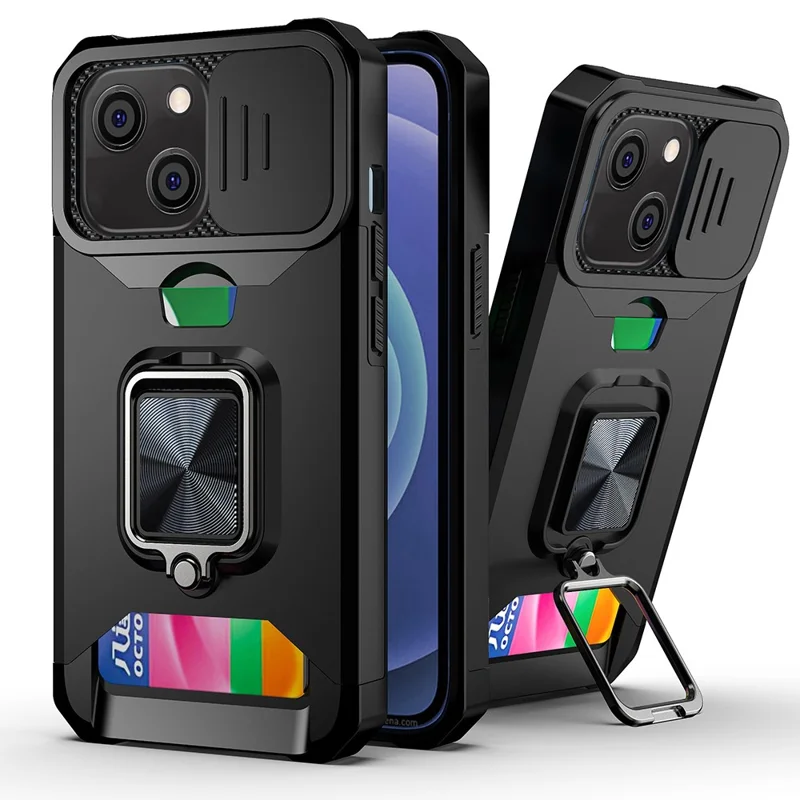 Removable Lens Shield Design Hybrid Phone Case Cover Shell with Card Holder for iPhone 13 6.1 inch - Black