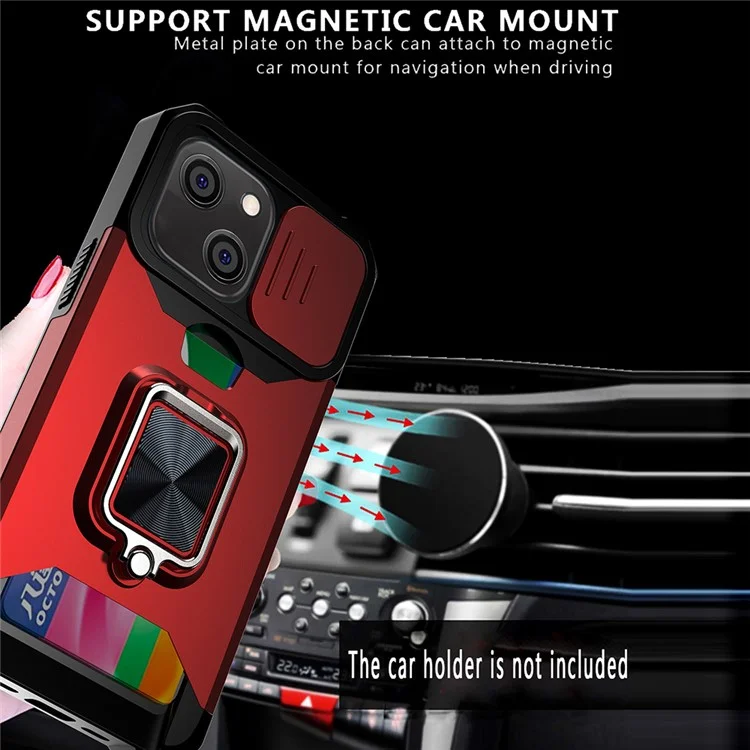 Removable Lens Shield Design Hybrid Phone Case Cover Shell with Card Holder for iPhone 13 6.1 inch - Navy Blue