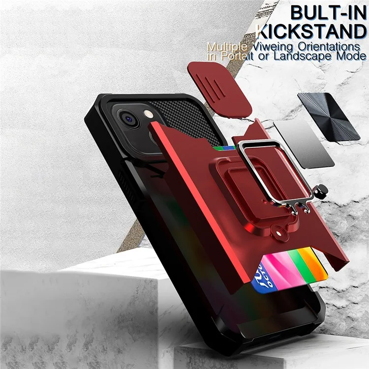 Removable Lens Shield Design Hybrid Phone Case Cover Shell with Card Holder for iPhone 13 6.1 inch - Navy Blue