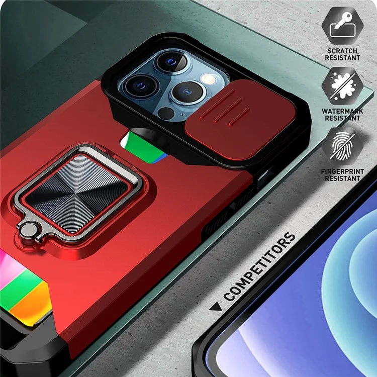 Shock-Absorbed Hybrid Phone Case Cover Shell with Card Holder and Removable Lens Shield for iPhone 13 Pro 6.1 inch - Blackish Green