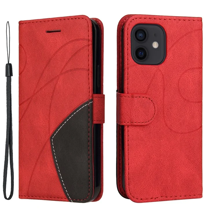 For iPhone 13 mini 5.4 inch Leather Case Wallet Stand Color Splicing Phone Cover - Red