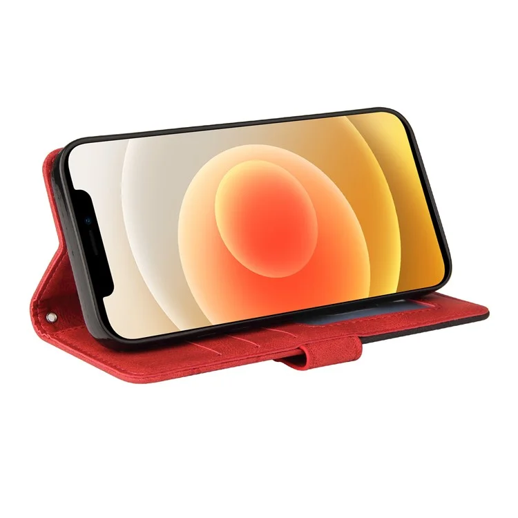 For iPhone 13 mini 5.4 inch Leather Case Wallet Stand Color Splicing Phone Cover - Red