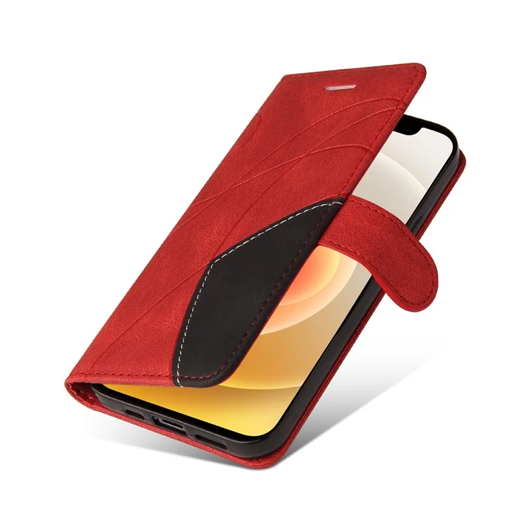 For iPhone 13 mini 5.4 inch Leather Case Wallet Stand Color Splicing Phone Cover - Red
