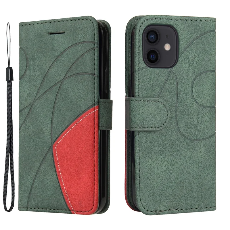 For iPhone 13 mini 5.4 inch Leather Case Wallet Stand Color Splicing Phone Cover - Green