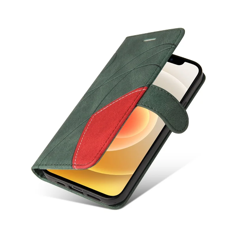 For iPhone 13 mini 5.4 inch Leather Case Wallet Stand Color Splicing Phone Cover - Green