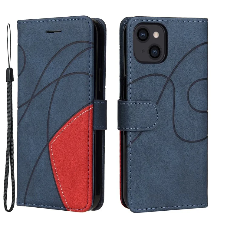 For iPhone 13 6.1 inch Leather Case Wallet Stand Color Splicing Phone Cover - Blue
